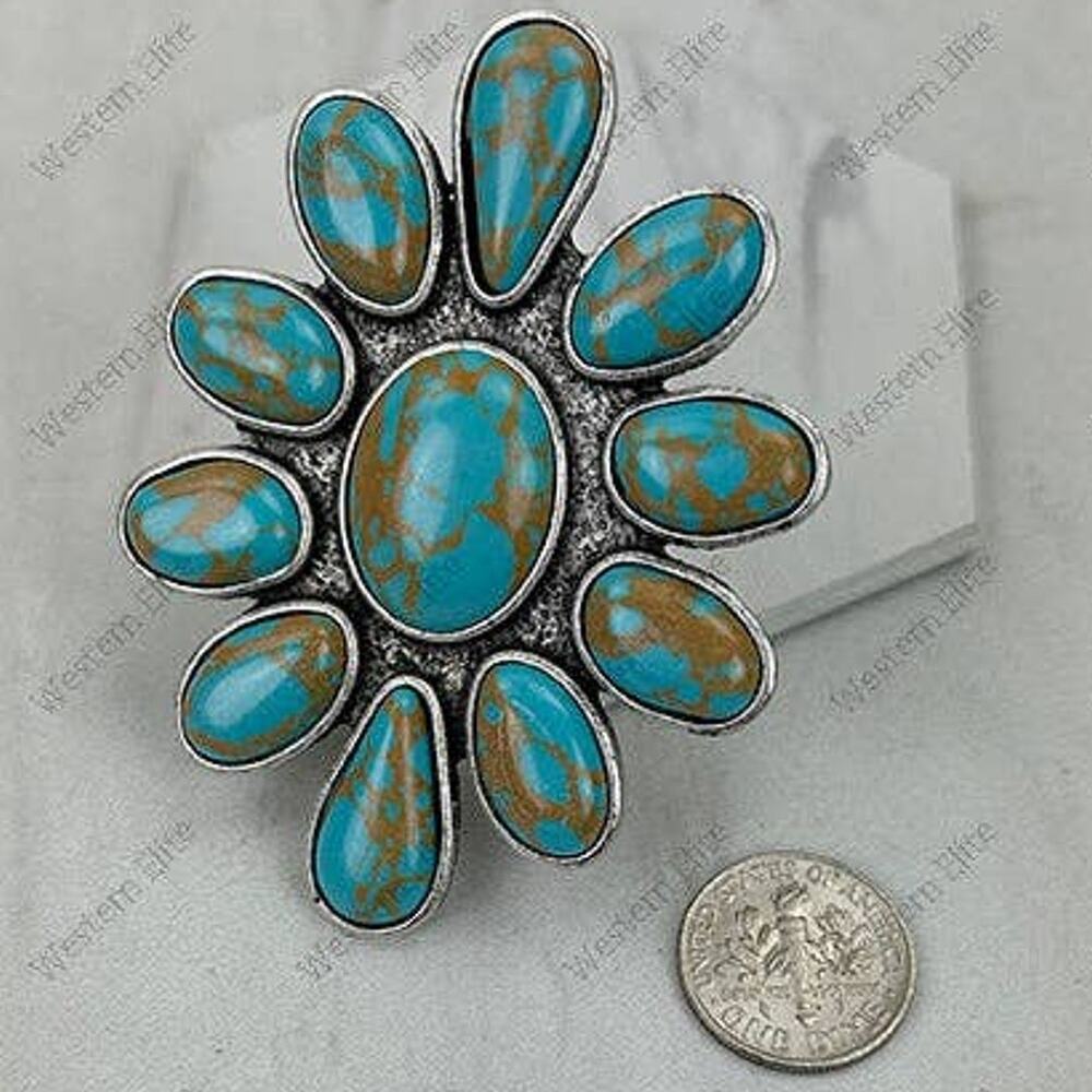 Silver Blue Turquoise Flower Concho Ring
